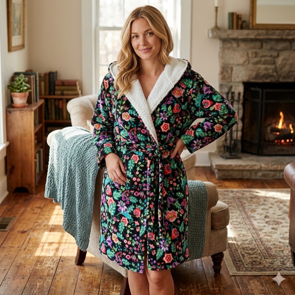 Vera Bradley Enchanted Garden Floral Hooded Fleece Robe Sherpa  L/XL 22491-K32